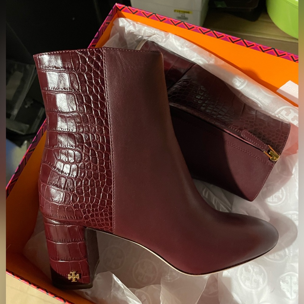 Brand new Tory Burch croc/smooth leather booties